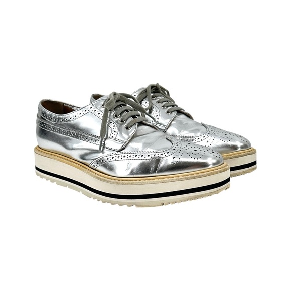 PRADA Silver Leather Wingtip Laceup Brogue Platform Derby Sneakers sz 39.5 - Picture 1 of 12